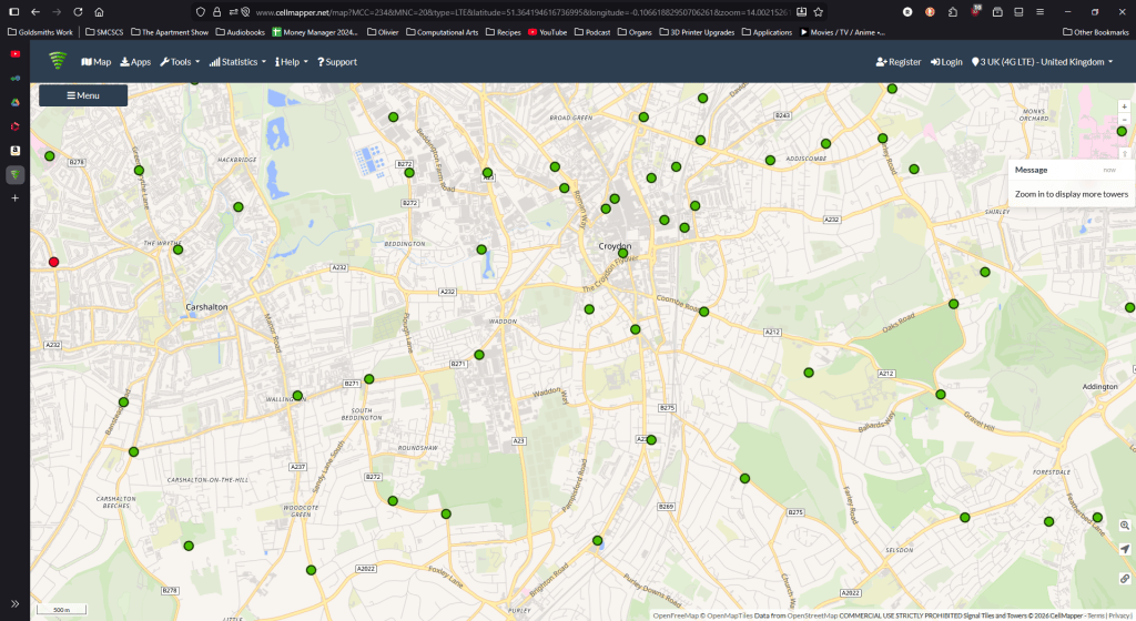 Map showing the location of green signal towers across Croydon and surrounding areas.