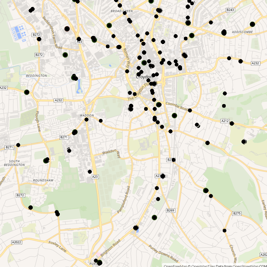 Map of Croydon showing various black markers representing specific locations or points of interest in the area.
