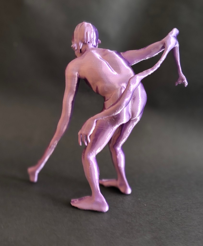 A three-dimensional sculpture of a figure bending forward, with a stylized, elongated form and a unique purple finish.