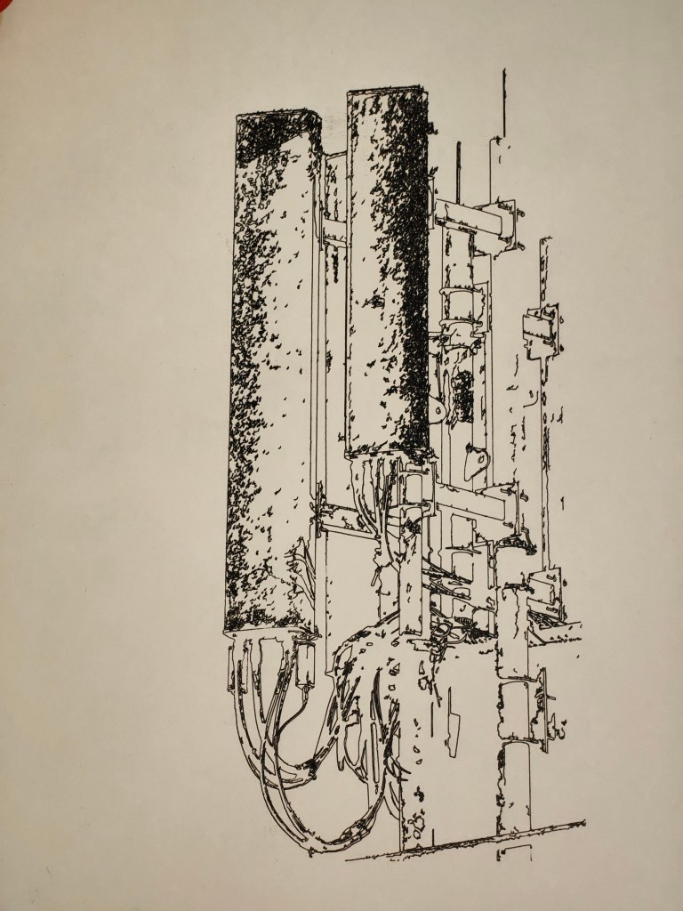 Line drawing of industrial equipment with two vertical cylinders and various wires and components attached.