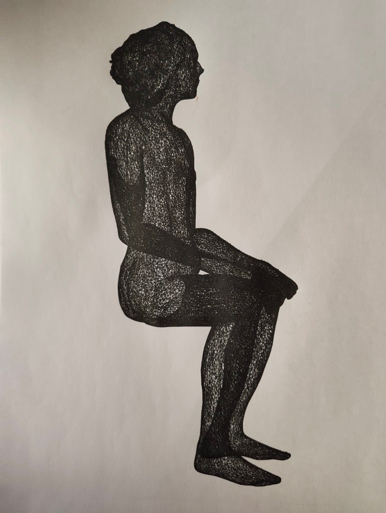 A black line drawing of a seated figure in a side view, showcasing an intricate mesh-like pattern.