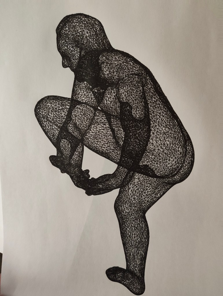 A black wireframe illustration of a human figure crouching down with hands clasped, creating a dynamic and abstract representation of the human form.