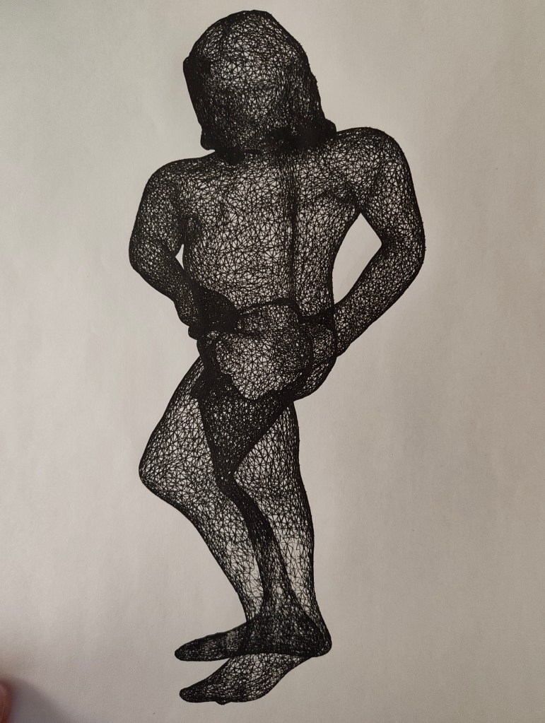 A detailed black and white illustration of a stylized figure with a wireframe design, striking a pose with one hand on the hip and the other bent outwards.