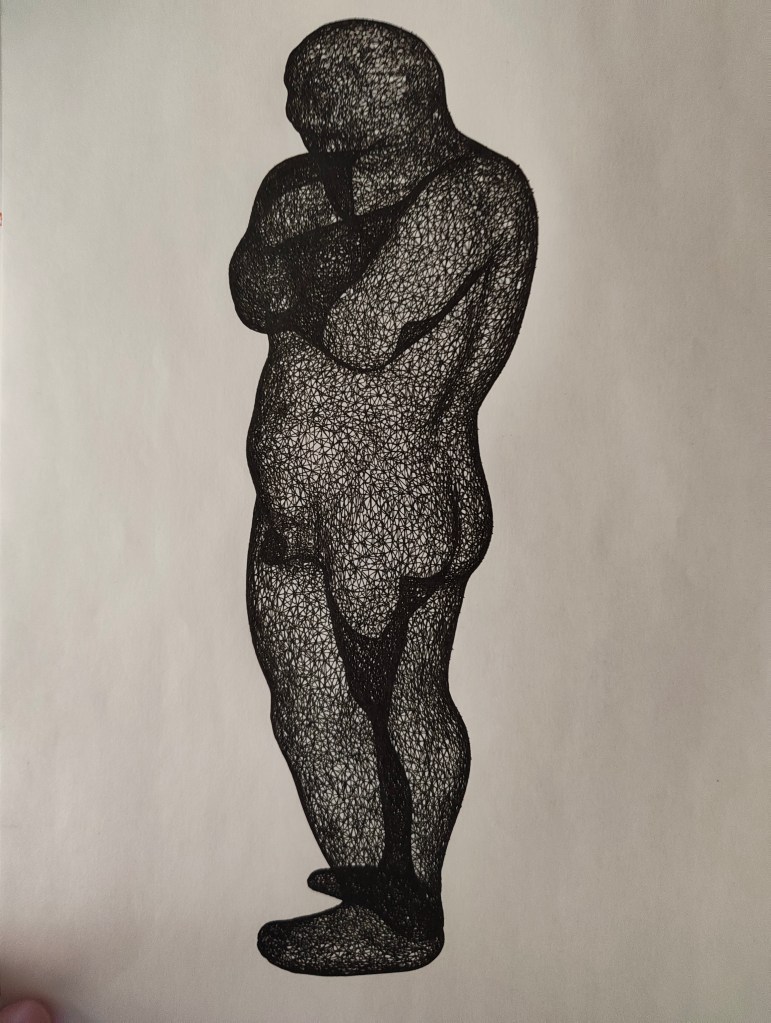 A line art drawing of a standing figure with arms crossed, depicted in a textured black outline on a light background.