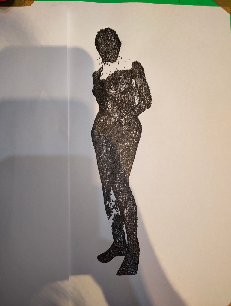 A stylized black and white silhouette of a standing figure, partially obscured, created with text patterns.