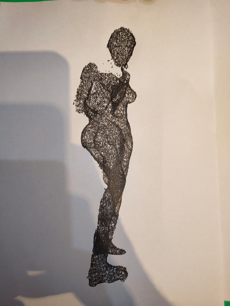 A stylized silhouette of a standing figure, depicted with a textured or dotted pattern against a plain background.