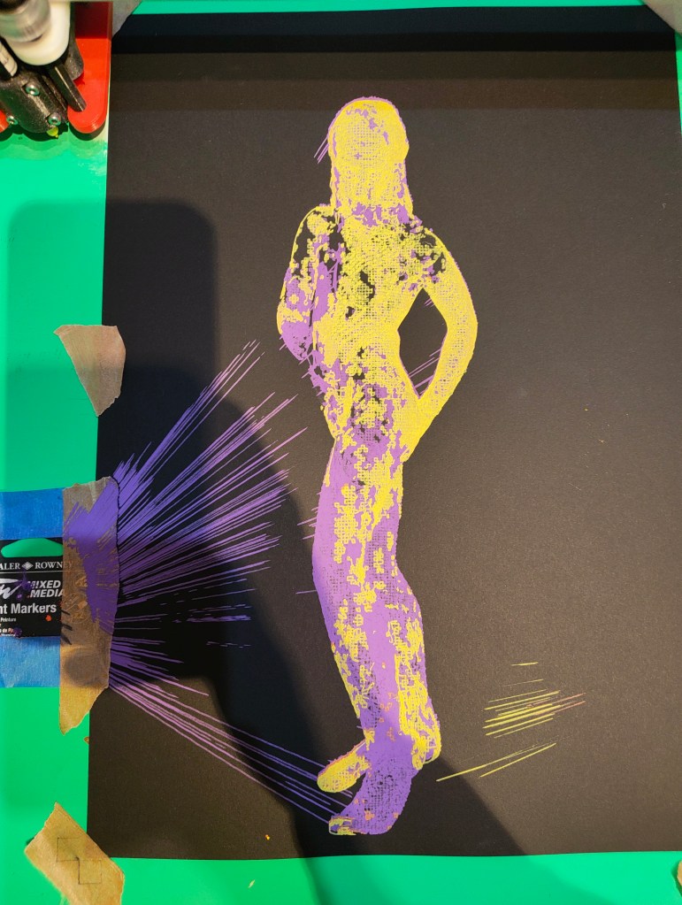 A colorful artistic depiction of a female figure in yellow and purple against a black background, with lines radiating outward.