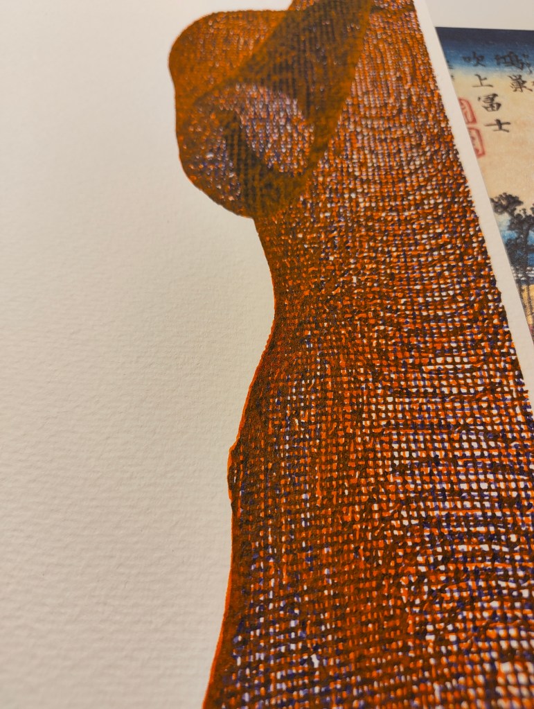 Close-up of an abstract artwork featuring a textured orange silhouette against a light background, with a portion of a traditional landscape painting visible in the corner.