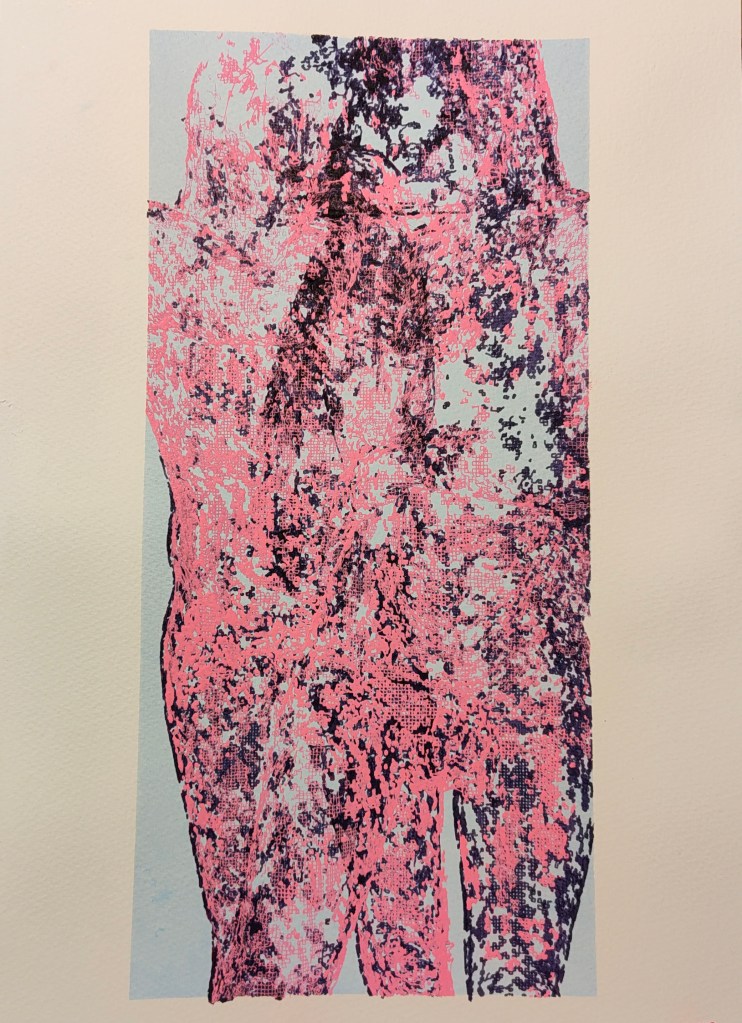 Abstract artwork featuring a figure with a textured surface in pink and purple tones against a light blue background.