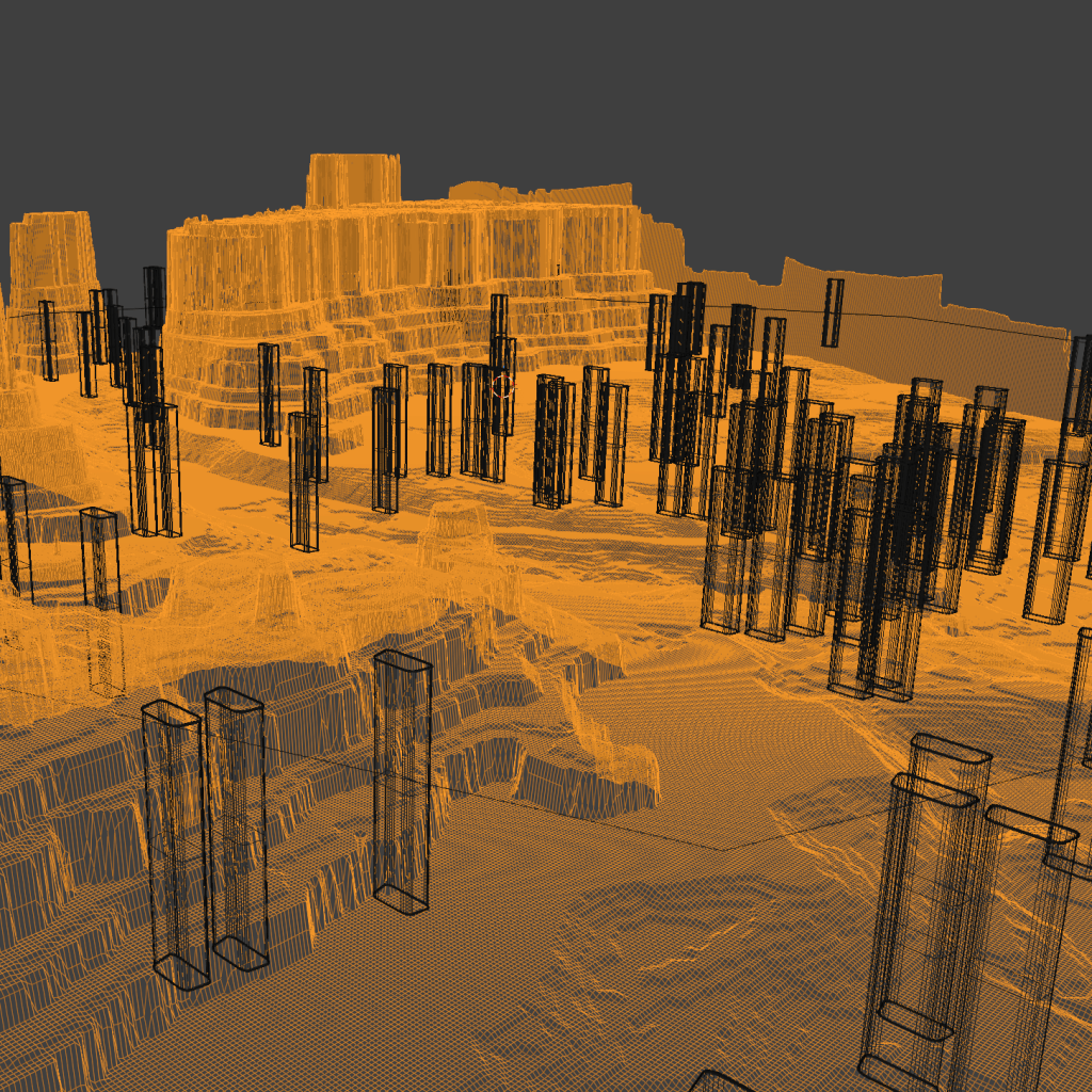A 3D wireframe landscape featuring layered terrain with a golden-orange hue, dotted with vertical, rectangular structures resembling columns or pillars.