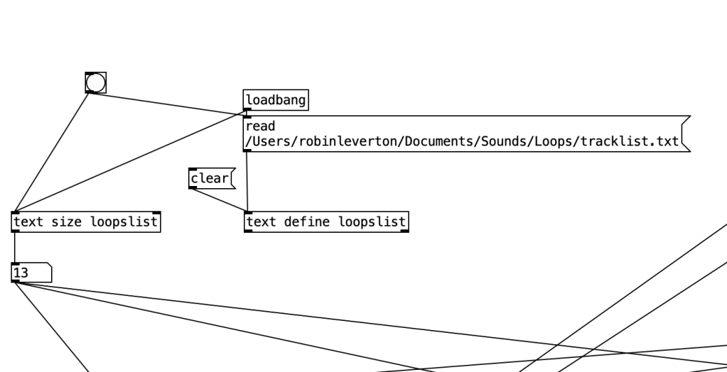 A visual representation of a programming patch showing connections for loading and reading a text file, with labels for 'loadbang', 'clear', and 'text size loopslist'.