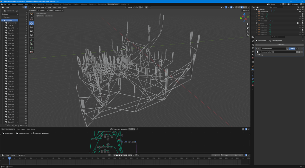 3D modeling workspace in Blender showing a geometric structure made up of wireframe elements.
